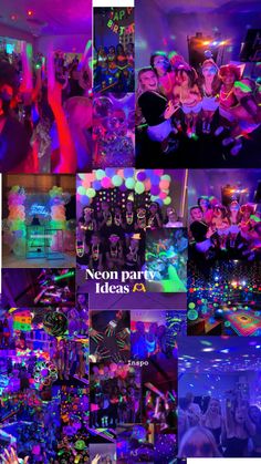 a collage of neon party pictures with people dancing and drinking at the same time