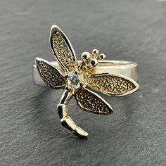 Vintage Cubic Zirconia Sterling Silver Dragonfly Gold Gilded Ring, UK Size P1/2, US Size 7 3/4, EU Size 56, Stamped 925, Front Max Length 20.5mm, Weight 5.25 Grams, Lovely Condition Gold Gilding, Stackable Rings, Cubic Zirconia, Jewelry Rings, Size 7, Electronic Accessories, Purses And Bags, Sterling Silver, Music Clothes