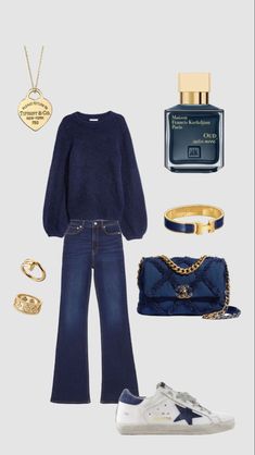 Deep blue outfit Navy Sneakers Women Outfit, Denim Flats Outfit, Navy Sweater Outfit Fall, Stockholm Style Png, Navy Blue Jeans Outfit, Navy And Black Outfit, Collage Outfit Ideas, Outfit Inspo Collage, Business Casual Women Outfits