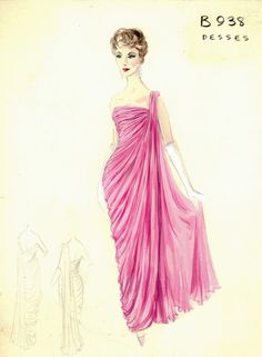 a drawing of a woman in a pink dress with one shoulder draped over her head