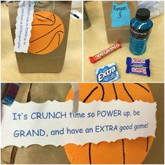 some candy bars are sitting on top of paper bags that say it's crunch time so power up be grand, and have an extra good game