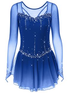 a blue figure skating dress with sequins on the shoulders and long sleeved sleeves