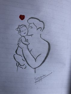 a drawing of a man holding a child in his arms with a heart above it