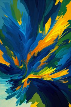 an abstract painting with blue, yellow and green colors