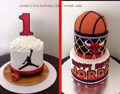 two cakes decorated to look like basketballs, one with the number 1 on it