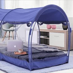 a bed with a blue canopy over it and a laptop on the floor next to it