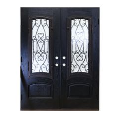 the double doors are black and have glass panels on each side, which is decorated with wrought iron work