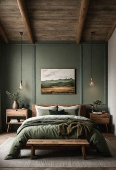 King Bedroom Ideas Small Spaces, Couple Bedroom Ideas Married Modern, Earthy Bedroom, Sage Green Bedroom, Bedroom Interiors, Comfy Bedroom, Brown Bedroom, Green Walls