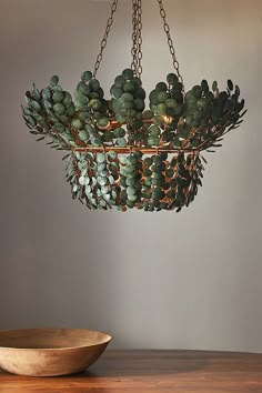 a bowl sitting on top of a wooden table next to a light fixture with green plants hanging from it