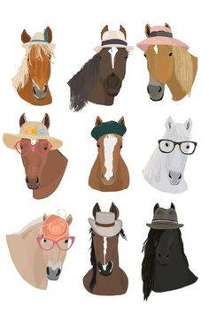 a group of horses with hats and glasses on their heads, all in different colors