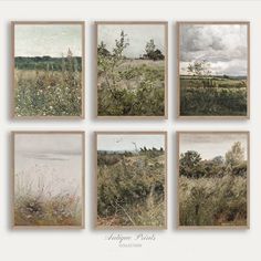 four paintings of grass and trees on a white background