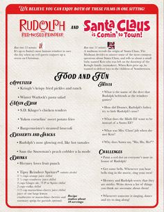 the menu for santa claus is shown in red and white