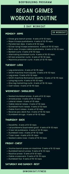 Regan Grimes’ Workout Routine Dr Workout, Regan Grimes, Split Workout, 5 Day Workouts, 7 Day Workout, Male Angels, Workout Program Gym, Bodyweight Training, Bodybuilding Program