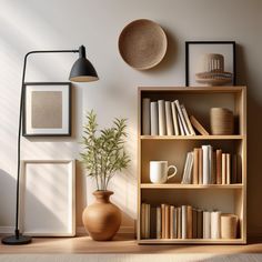 a bookshelf filled with lots of books next to a wall mounted lamp and potted plant