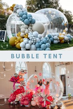 the bubble tent has been set up for an outdoor party