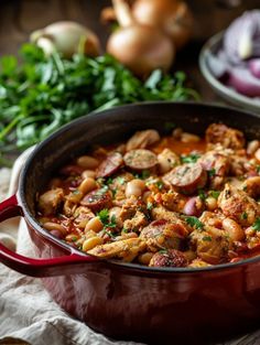 a red pot filled with food on top of a wooden table next to onions and other vegetables