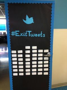 the door to an exit tweets room is decorated with blue and white strips