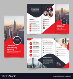 a red and black tri fold brochure design