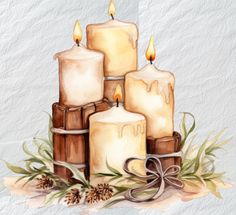 three lit candles sitting on top of each other with pine cones and leaves around them