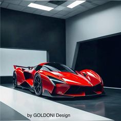 a red sports car is parked in an empty room