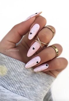 Vday Nails Almond Shape, Heart And Dots Nails, Pink And Silver Valentine Nails, Black Valentines Day Nails Stiletto, Black Pink Heart Nails, Pink Black Valentine Nails, Pink And Black Valentines Day Nails, Pink Nails With Black Heart, Black And Pink Valentine Nails