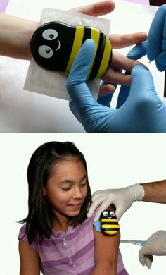 two pictures one with gloves on and the other has a bee pin in it's mouth