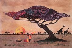 a painting of giraffes and a tree in the distance with an open flame