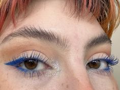 Blue eyeliner and mascara on brown eyes Colorful Eye Pencil Makeup, Blue Eyeliner Pencil, Blue Eye Pencil Makeup, Dark Blue Eyeliner Brown Eyes, Easy Blue Eyeliner, Blue On Brown Eyes, Coloured Mascara Brown Eyes, Blue Mascara On Brown Eyes, Blue Eyeliner For Brown Eyes