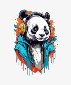 a panda bear wearing headphones and listening to music