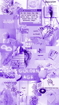 the collage shows many different things in purple and white