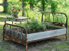 an old metal bed with flowers growing in it