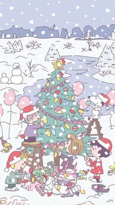 a cartoon christmas tree with people around it