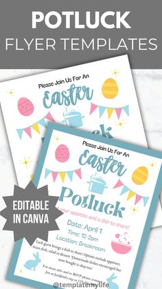 an easter party flyer with bunnies, eggs and bundts on the side