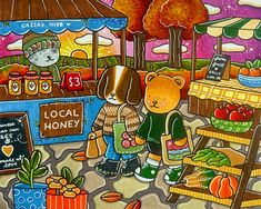 a painting of people shopping at a local honey shop in the fall with an orange tree