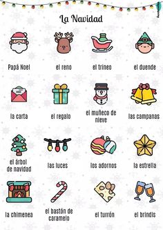 spanish christmas stickers are shown on a white sheet with snowflakes and lights