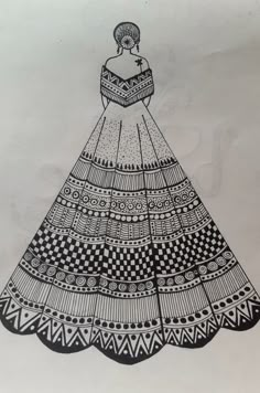 a black and white drawing of a woman in a dress with an intricate pattern on it