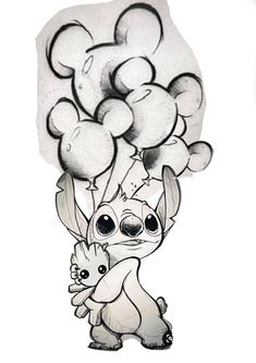 a drawing of a little bunny holding balloons in the shape of an animal's head