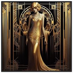 an art deco woman standing in front of a golden door