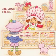 a drawing of two children in front of a christmas treat display with pink poodles