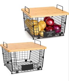 two metal baskets filled with fruit sitting on top of a wooden cutting board next to each other