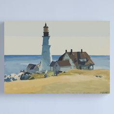 a painting of a lighthouse on the beach