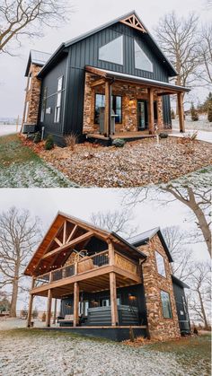 two pictures of a house in the snow and one has a porch with stairs leading up to it