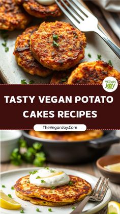 the vegan potato cakes are ready to be eaten and served on plates with forks