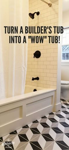 a bathroom with a black and white checkered floor, shower curtain, and bathtub