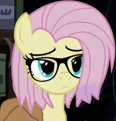 an animated pony with pink hair and glasses