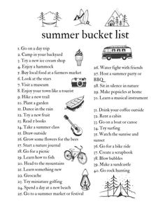 a printable summer bucket list is shown in black and white, with an image of the