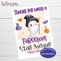 a halloween card with an image of a ghost wearing a hat and holding a broom