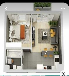 an overhead view of a small living room and kitchen area in a home with the floor plan shown below