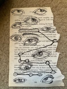 a piece of paper that has been torn down with eyeballs and words on it