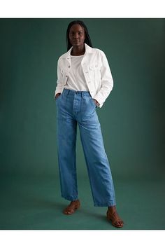 Constructed from vintage-inspired organic indigo reverse twill/Waist tab adjusters, front patch pockets, and back button-flap patch pockets/Sustainable hardware and trims/Button fly Button Fly Pants, Utility Pants, Closet Staples, Linen Pants, Women's Jeans, American Eagle Outfitters, Womens Bottoms, American Eagle, Vintage Inspired